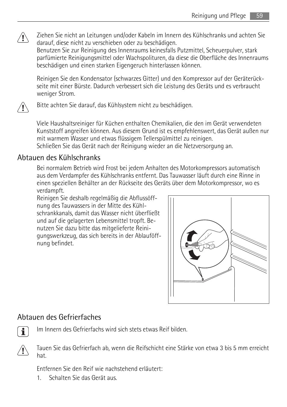 Abtauen des kühlschranks, Abtauen des gefrierfaches | AEG SKS51200S0 User Manual | Page 59 / 84