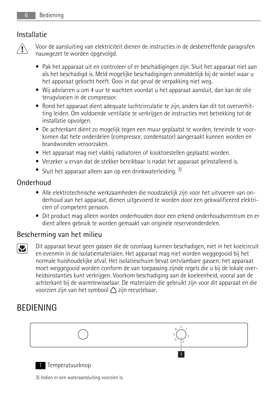 Bediening, Installatie, Onderhoud | Bescherming van het milieu | AEG SKS51200S0 User Manual | Page 6 / 84