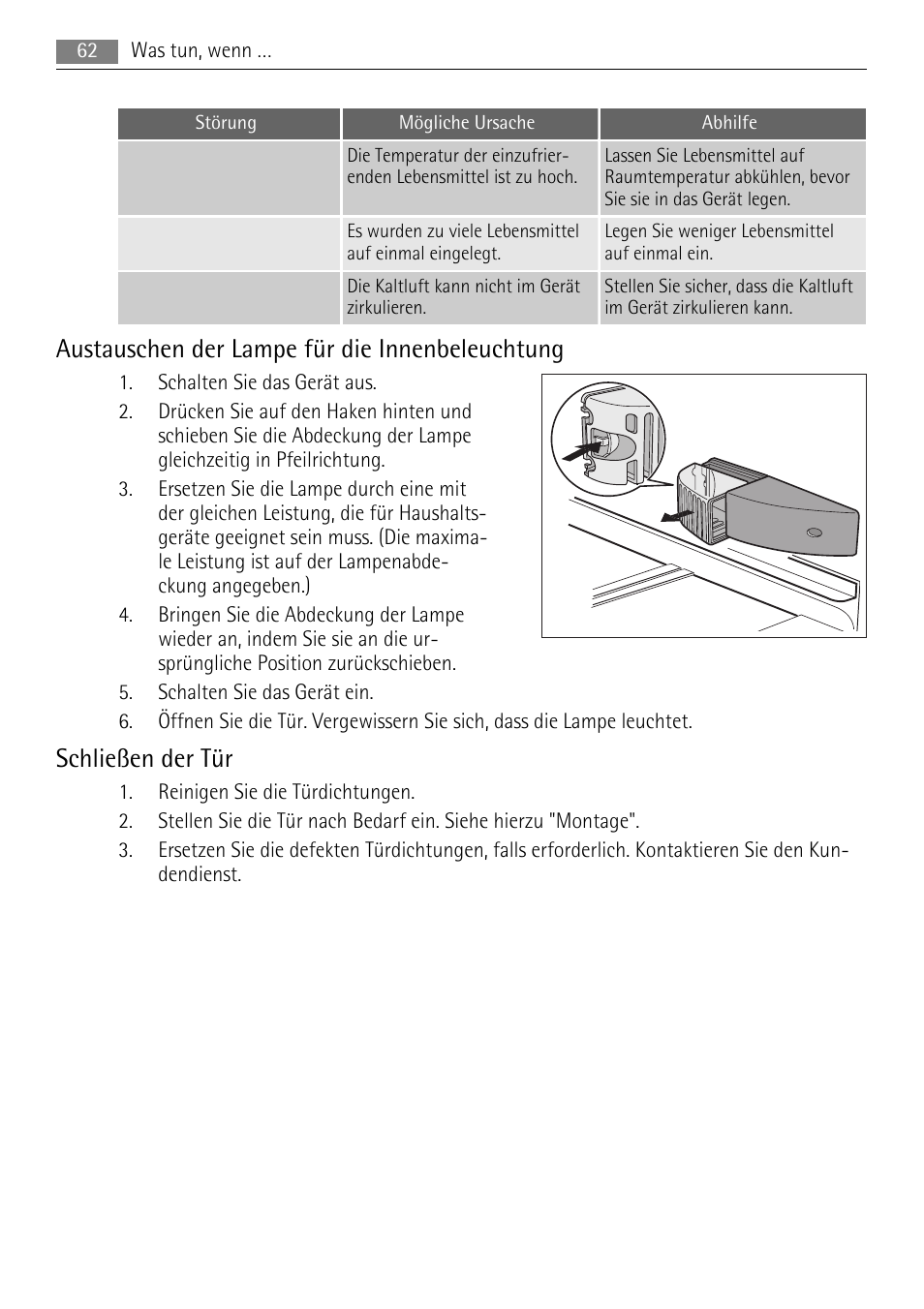 Austauschen der lampe für die innenbeleuchtung, Schließen der tür | AEG SKS51200S0 User Manual | Page 62 / 84
