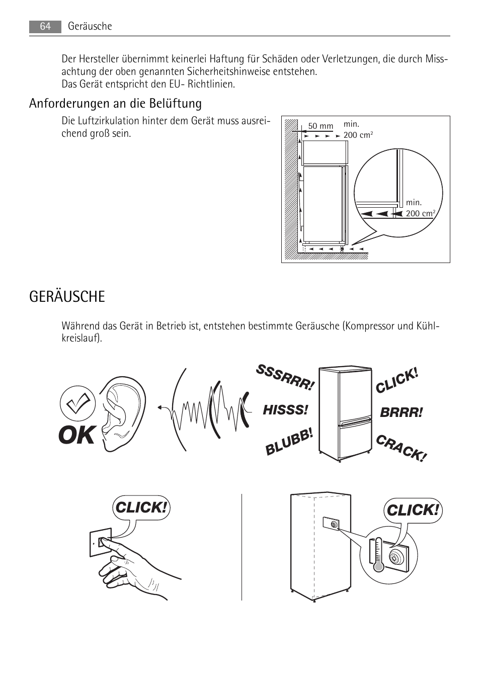 Geräusche, Click, Anforderungen an die belüftung | AEG SKS51200S0 User Manual | Page 64 / 84
