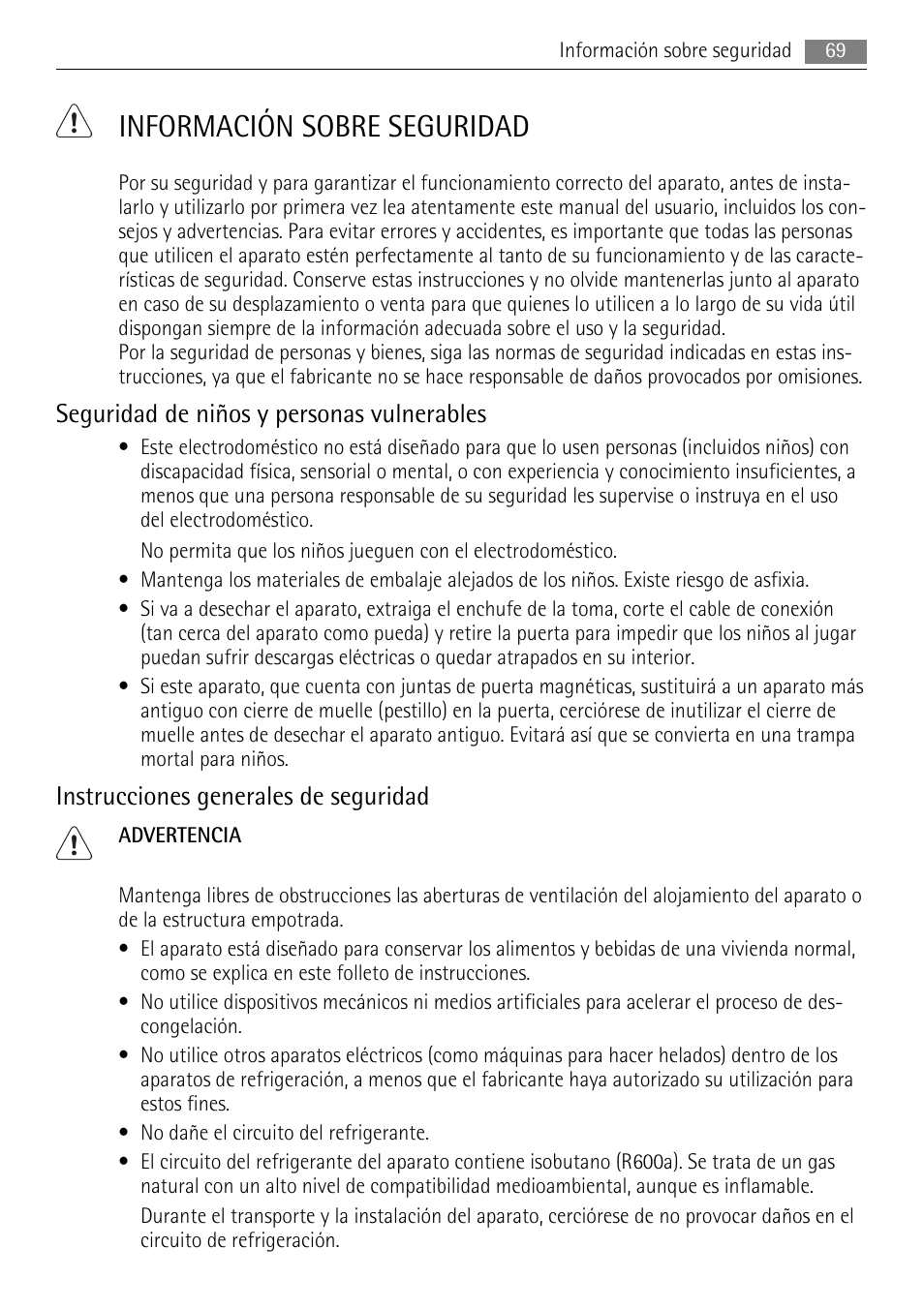 Información sobre seguridad, Seguridad de niños y personas vulnerables, Instrucciones generales de seguridad | AEG SKS51200S0 User Manual | Page 69 / 84