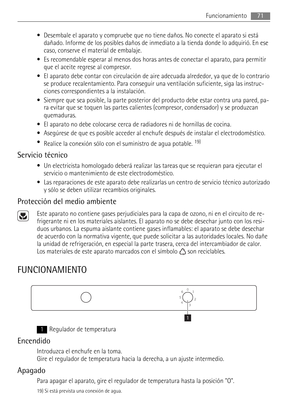 Funcionamiento, Servicio técnico, Protección del medio ambiente | Encendido, Apagado | AEG SKS51200S0 User Manual | Page 71 / 84