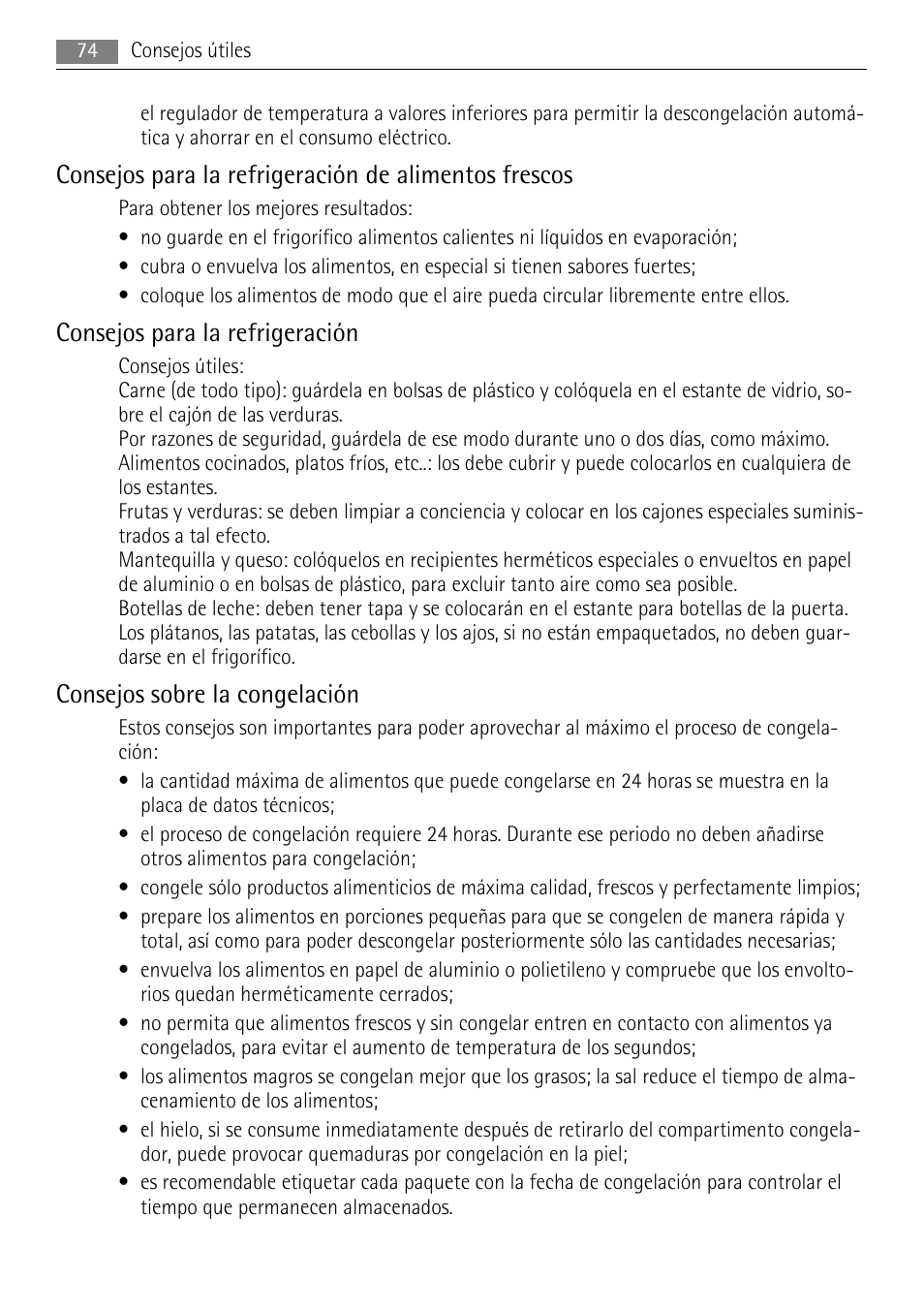 Consejos para la refrigeración, Consejos sobre la congelación | AEG SKS51200S0 User Manual | Page 74 / 84