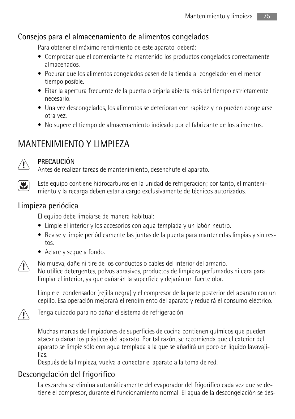 Mantenimiento y limpieza, Limpieza periódica, Descongelación del frigorífico | AEG SKS51200S0 User Manual | Page 75 / 84