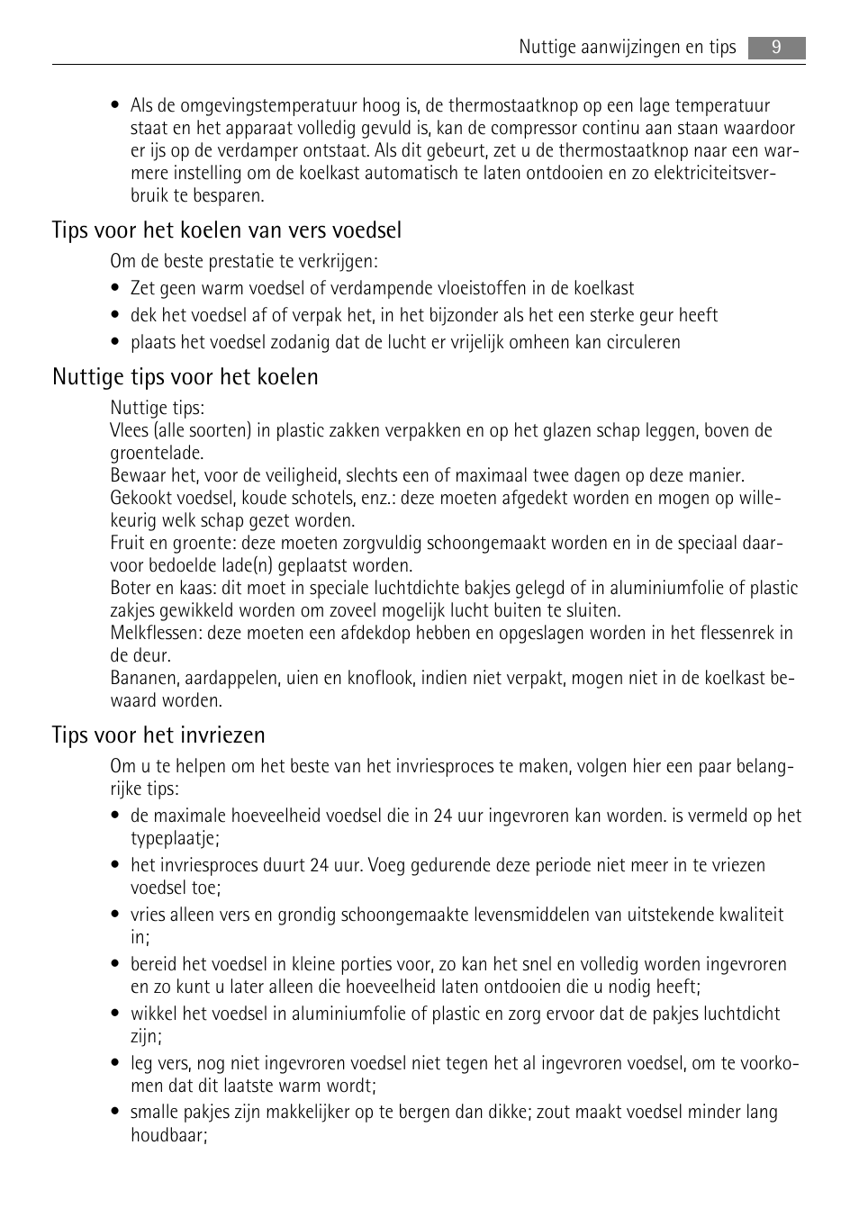 Tips voor het koelen van vers voedsel, Nuttige tips voor het koelen, Tips voor het invriezen | AEG SKS51200S0 User Manual | Page 9 / 84
