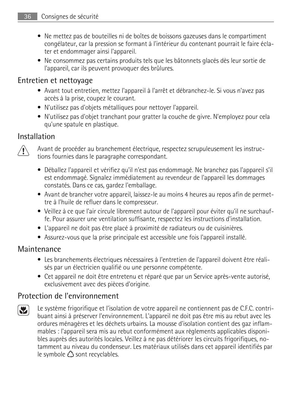 Entretien et nettoyage, Installation, Maintenance | Protection de l'environnement | AEG A62300HLW0 User Manual | Page 36 / 64