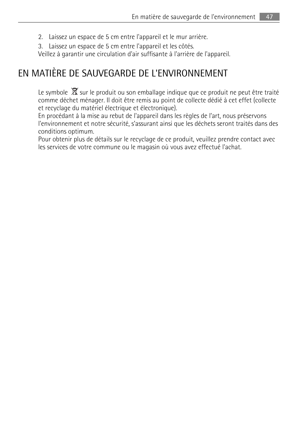 En matière de sauvegarde de l'environnement | AEG A62300HLW0 User Manual | Page 47 / 64