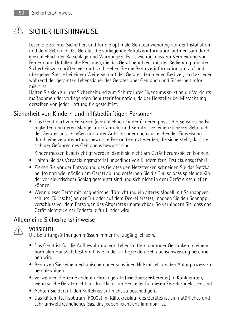 Sicherheitshinweise, Allgemeine sicherheitshinweise | AEG A62300HLW0 User Manual | Page 50 / 64