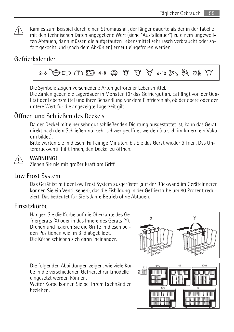 Gefrierkalender, Öffnen und schließen des deckels, Low frost system | Einsatzkörbe | AEG A62300HLW0 User Manual | Page 55 / 64