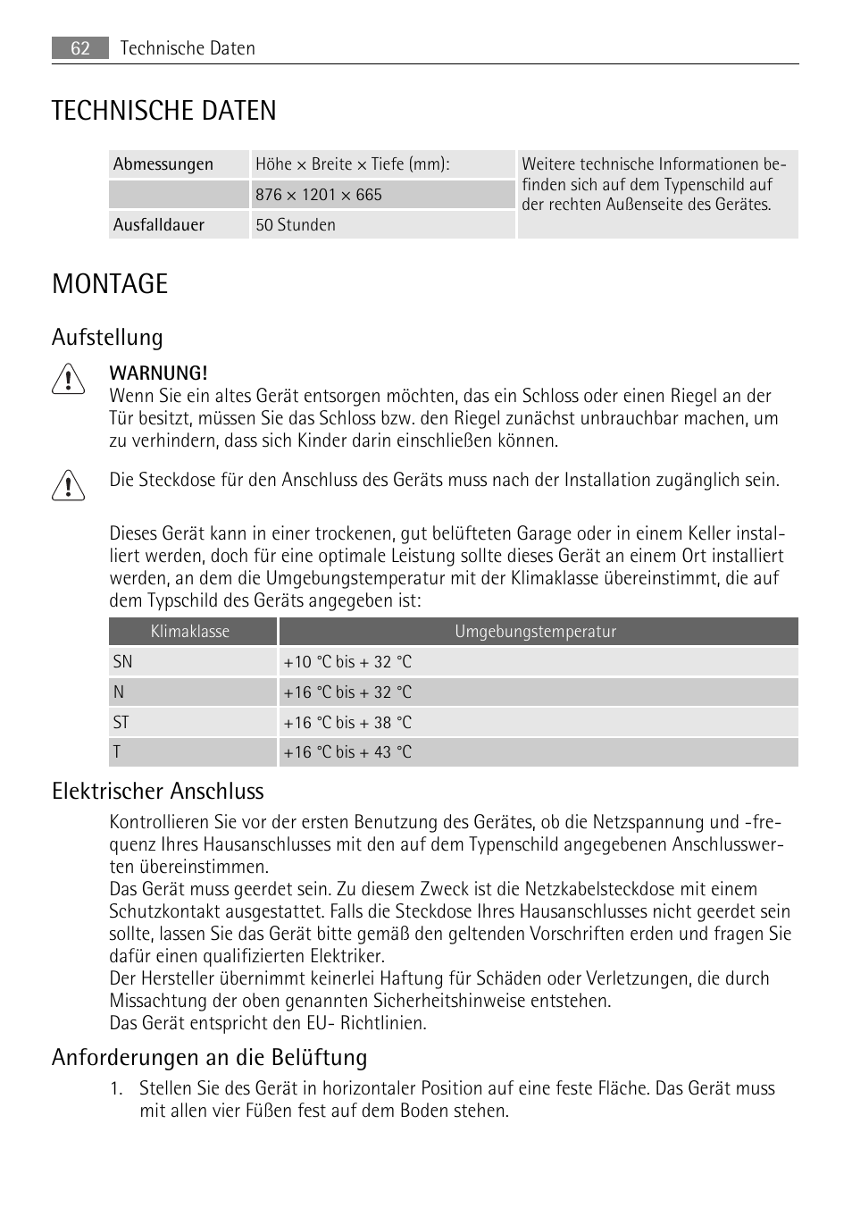 Technische daten, Montage, Aufstellung | Elektrischer anschluss, Anforderungen an die belüftung | AEG A62300HLW0 User Manual | Page 62 / 64