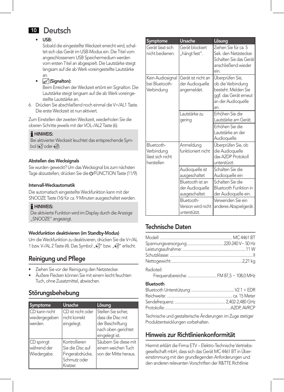 Deutsch, Reinigung und pflege, Störungsbehebung | Technische daten, Hinweis zur richtlinienkonformität | AEG MC 4461 BT schwarz User Manual | Page 10 / 54