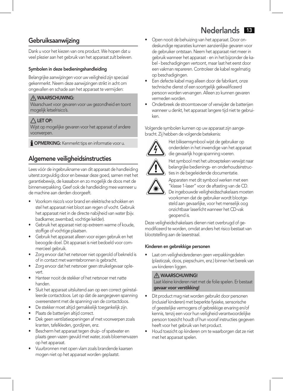 Nederlands, Gebruiksaanwijzing, Algemene veiligheidsinstructies | AEG MC 4461 BT schwarz User Manual | Page 13 / 54