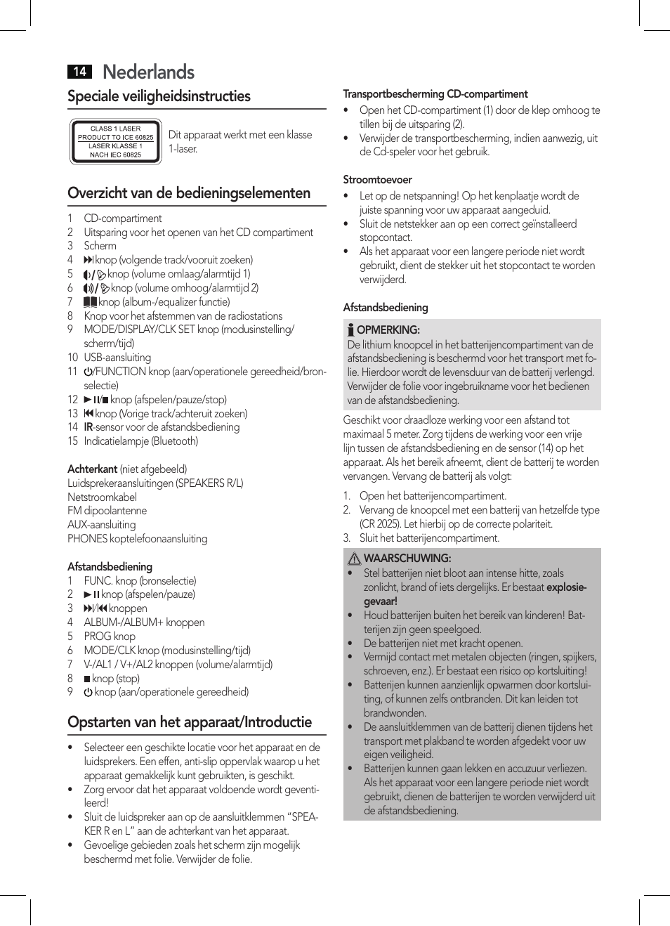 Nederlands, Speciale veiligheidsinstructies, Overzicht van de bedieningselementen | Opstarten van het apparaat/introductie | AEG MC 4461 BT schwarz User Manual | Page 14 / 54