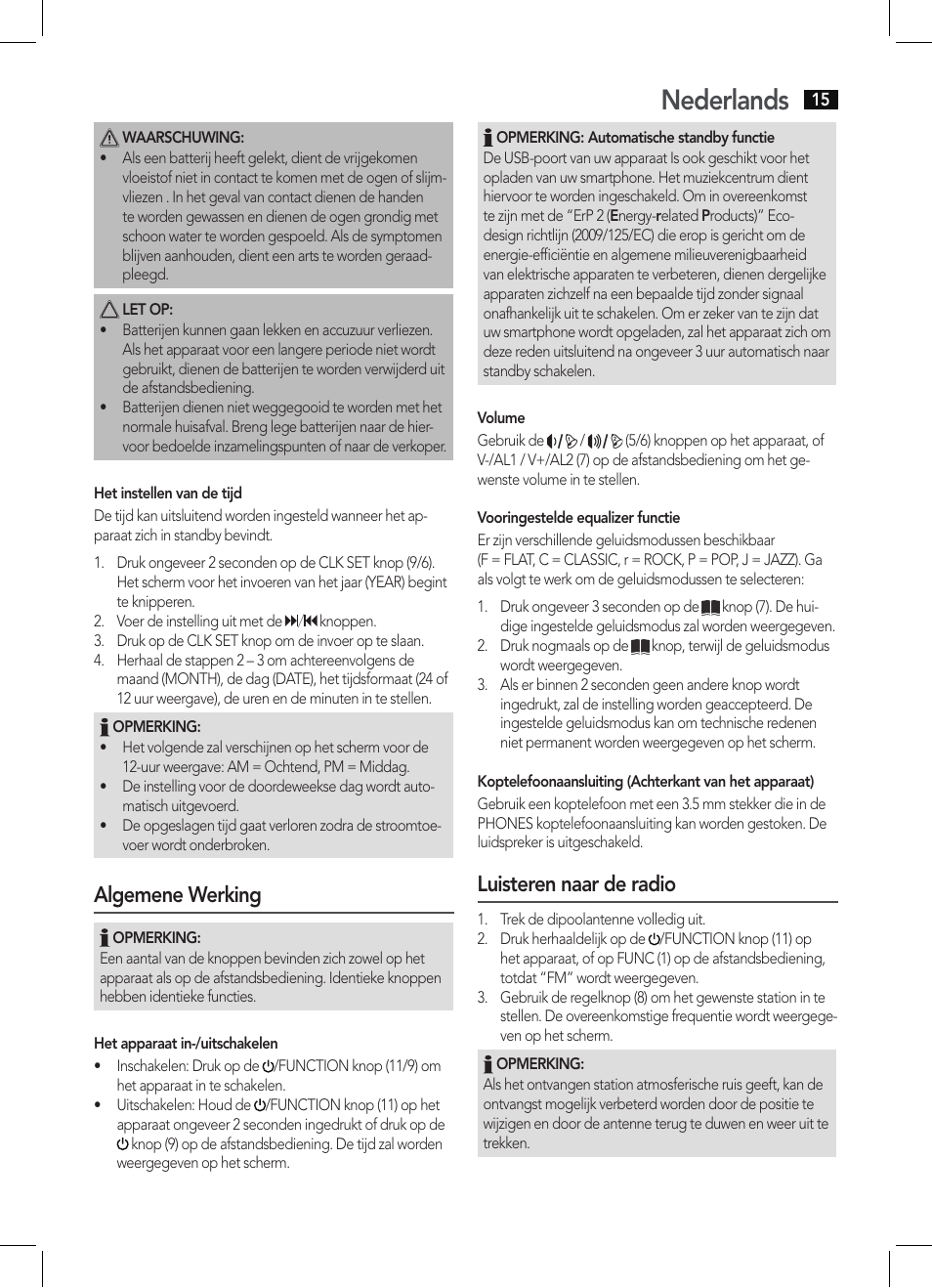 Nederlands, Algemene werking, Luisteren naar de radio | AEG MC 4461 BT schwarz User Manual | Page 15 / 54