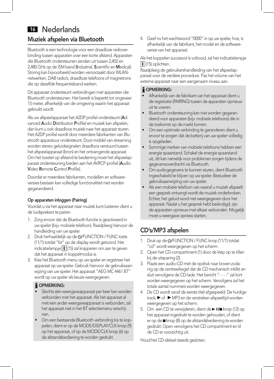 Nederlands, Muziek afspelen via bluetooth, Cd’s/mp3 afspelen | AEG MC 4461 BT schwarz User Manual | Page 16 / 54