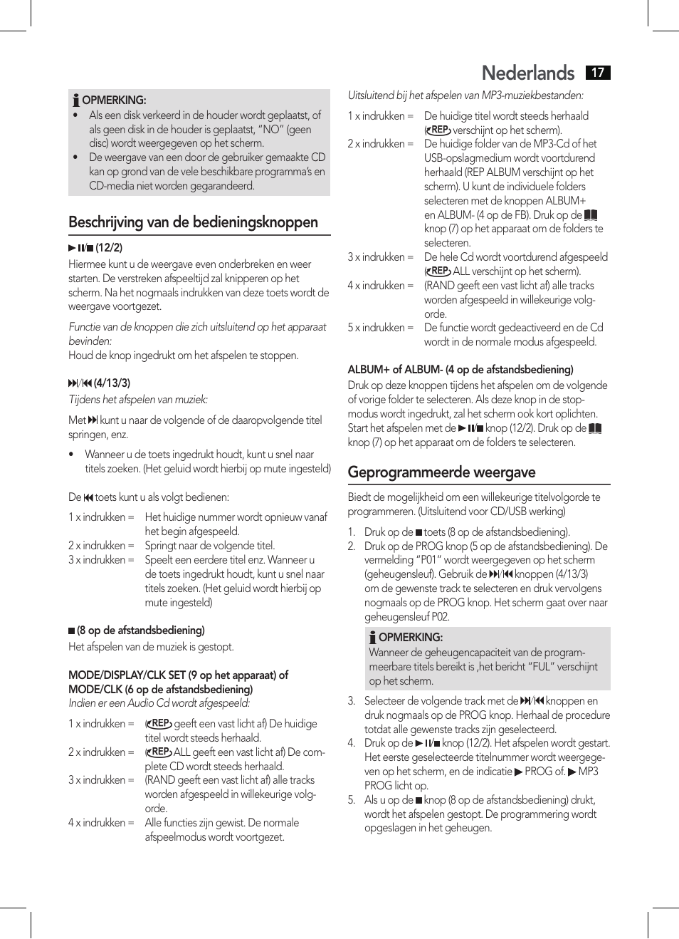 Nederlands, Beschrijving van de bedieningsknoppen, Geprogrammeerde weergave | AEG MC 4461 BT schwarz User Manual | Page 17 / 54