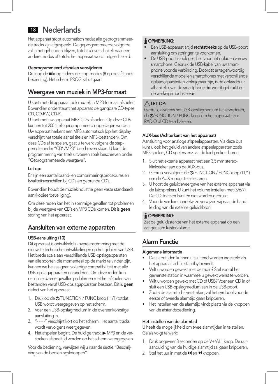 Nederlands, Weergave van muziek in mp3-formaat, Aansluiten van externe apparaten | Alarm functie | AEG MC 4461 BT schwarz User Manual | Page 18 / 54
