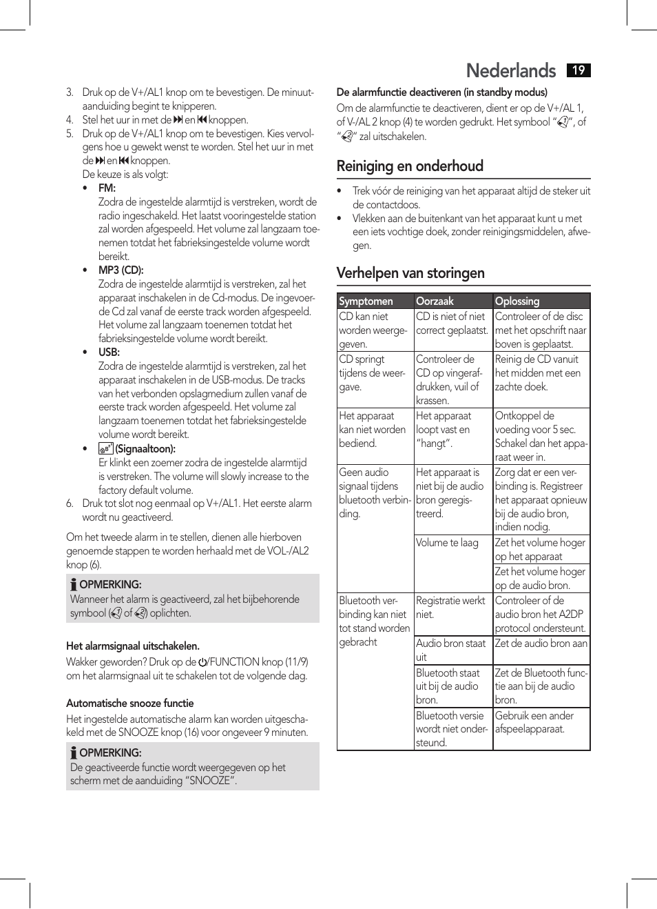 Nederlands, Reiniging en onderhoud, Verhelpen van storingen | AEG MC 4461 BT schwarz User Manual | Page 19 / 54