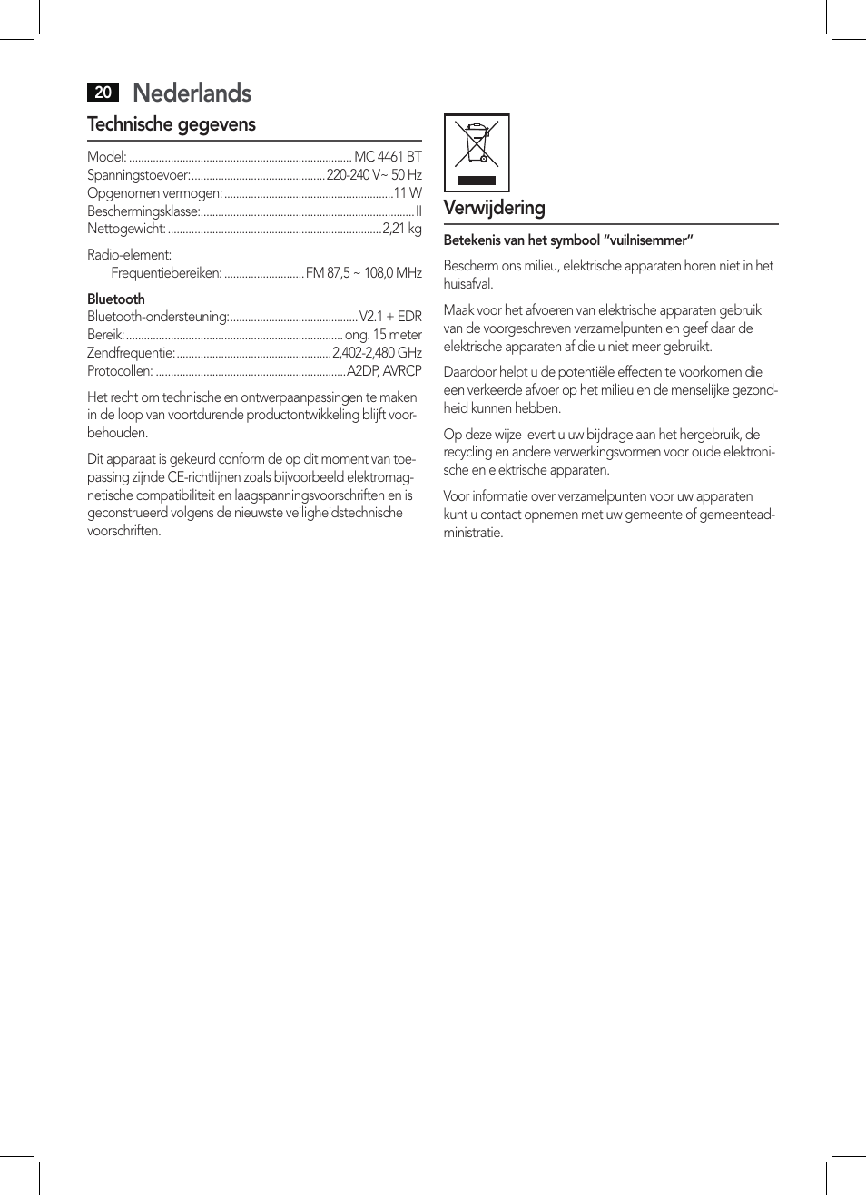 Nederlands | AEG MC 4461 BT schwarz User Manual | Page 20 / 54