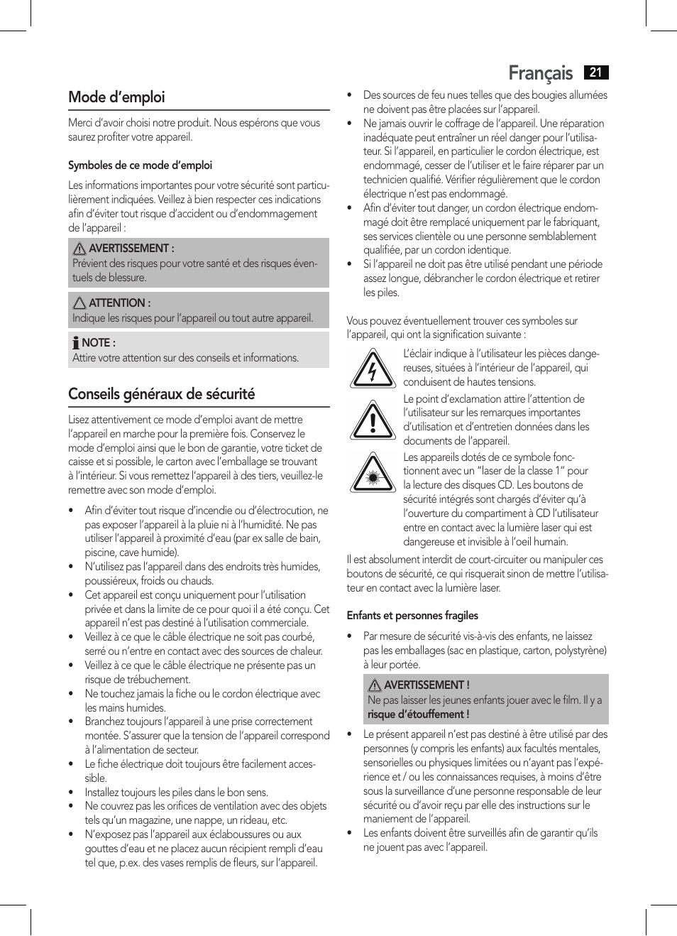 Français, Mode d’emploi, Conseils généraux de sécurité | AEG MC 4461 BT schwarz User Manual | Page 21 / 54