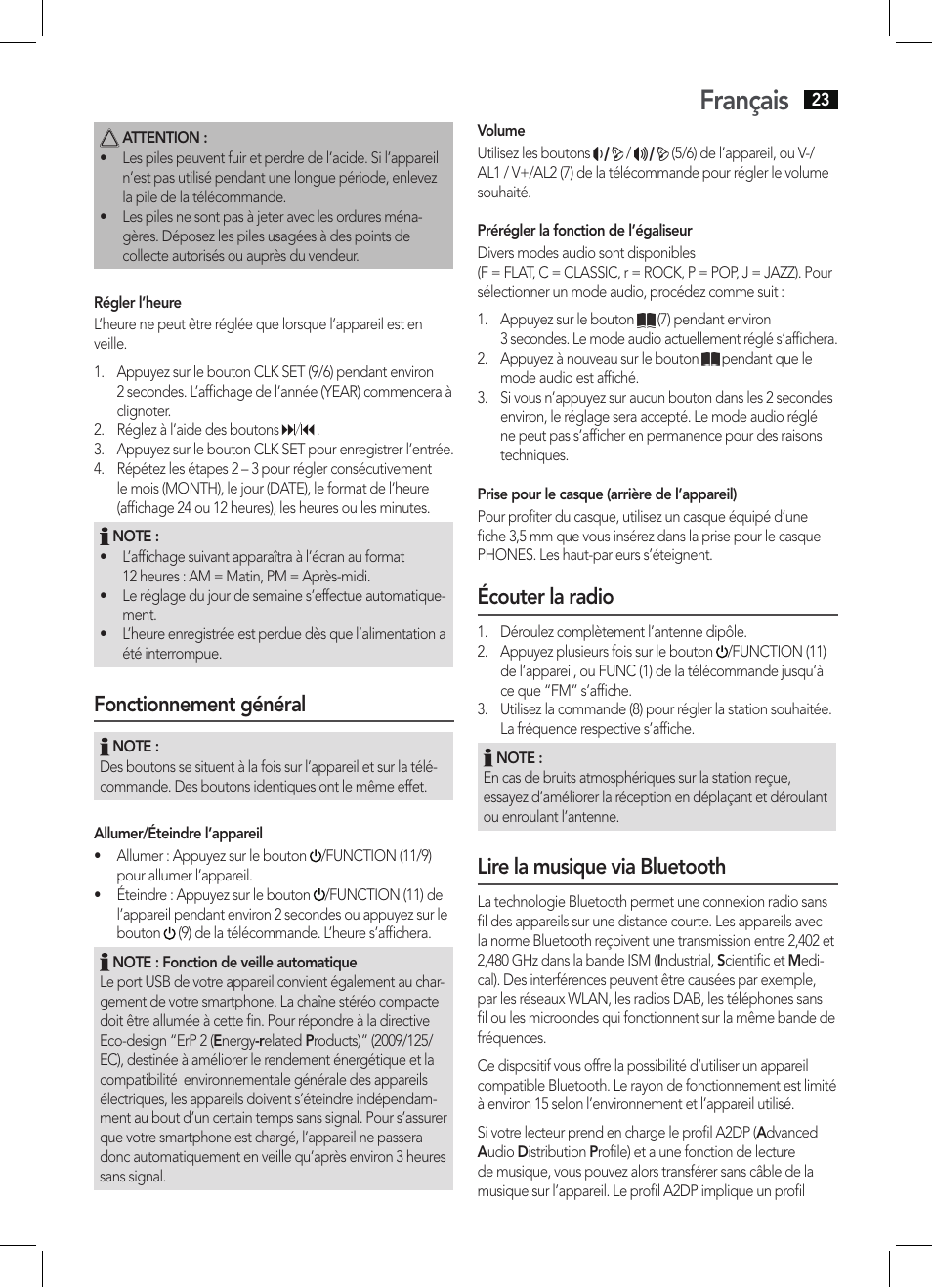Français, Fonctionnement général, Écouter la radio | Lire la musique via bluetooth | AEG MC 4461 BT schwarz User Manual | Page 23 / 54