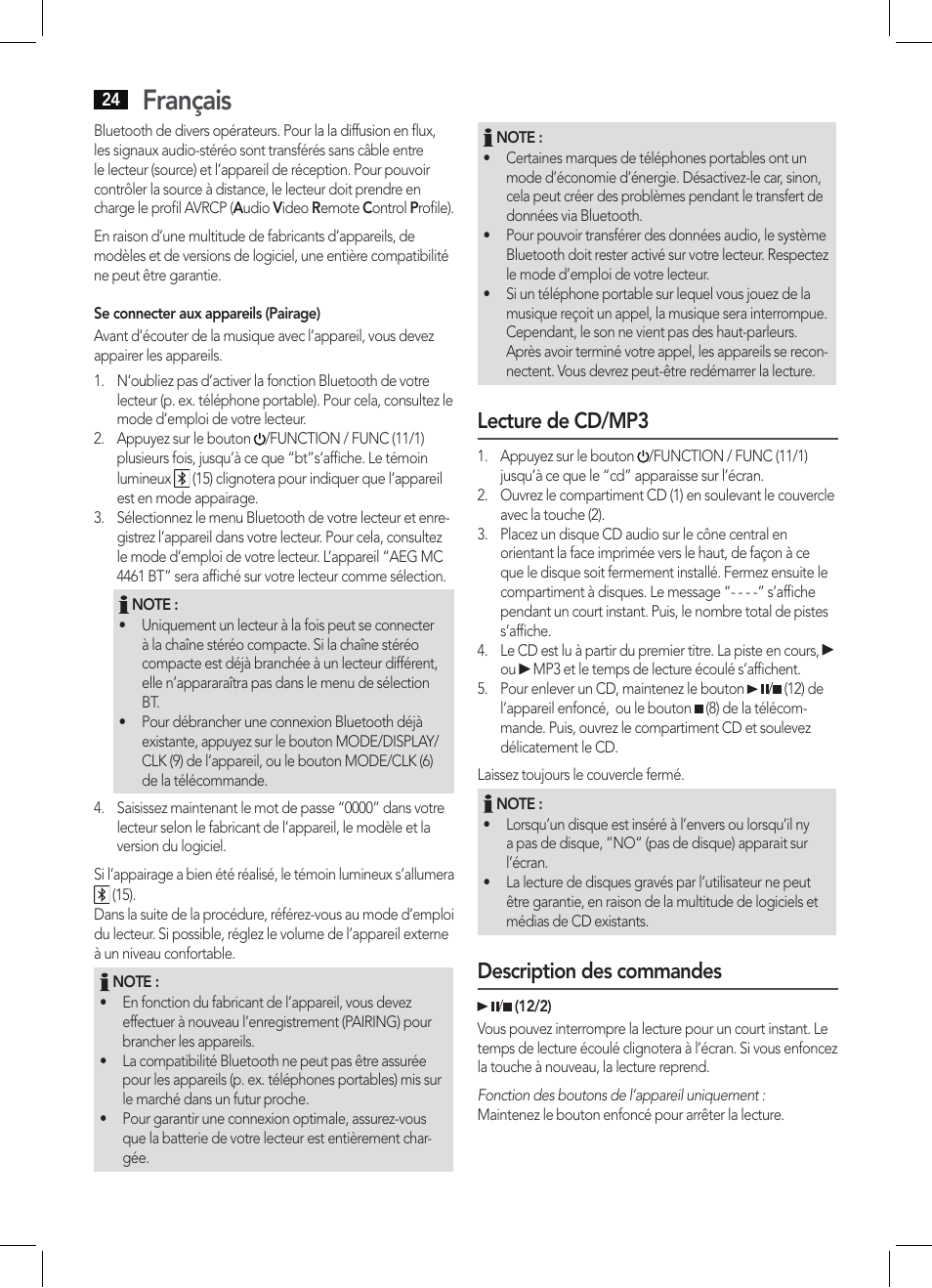 Français, Lecture de cd/mp3, Description des commandes | AEG MC 4461 BT schwarz User Manual | Page 24 / 54