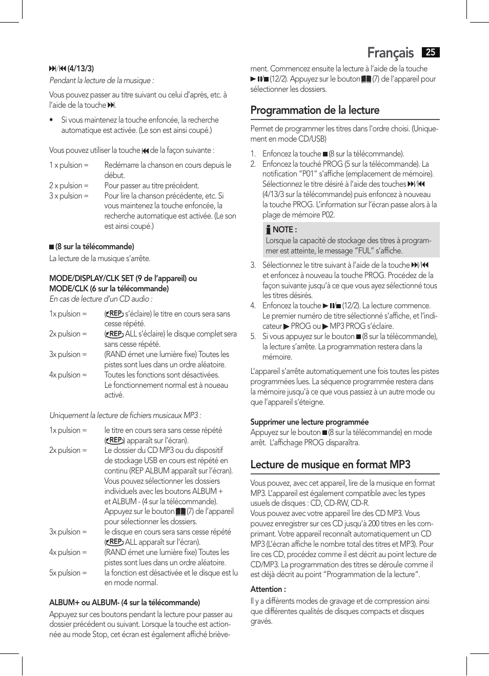 Français, Programmation de la lecture, Lecture de musique en format mp3 | AEG MC 4461 BT schwarz User Manual | Page 25 / 54