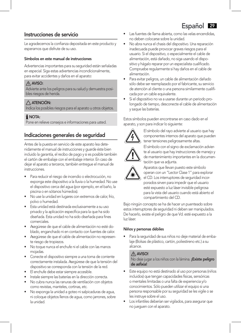 Español, Instrucciones de servicio, Indicaciones generales de seguridad | AEG MC 4461 BT schwarz User Manual | Page 29 / 54