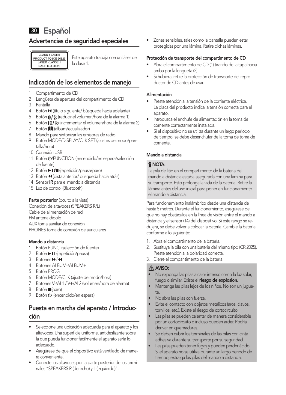 Español, Advertencias de seguridad especiales, Indicación de los elementos de manejo | Puesta en marcha del aparato / introduc- ción | AEG MC 4461 BT schwarz User Manual | Page 30 / 54