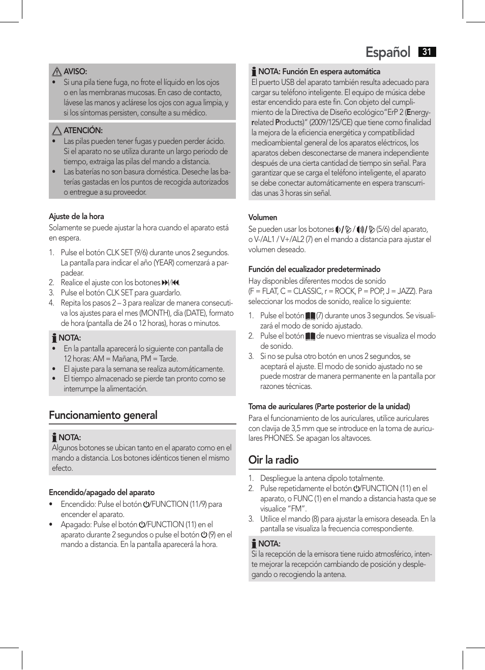 Español, Funcionamiento general, Oir la radio | AEG MC 4461 BT schwarz User Manual | Page 31 / 54