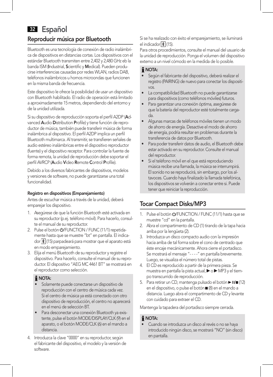 Español, Reproducir música por bluetooth, Tocar compact disks/mp3 | AEG MC 4461 BT schwarz User Manual | Page 32 / 54