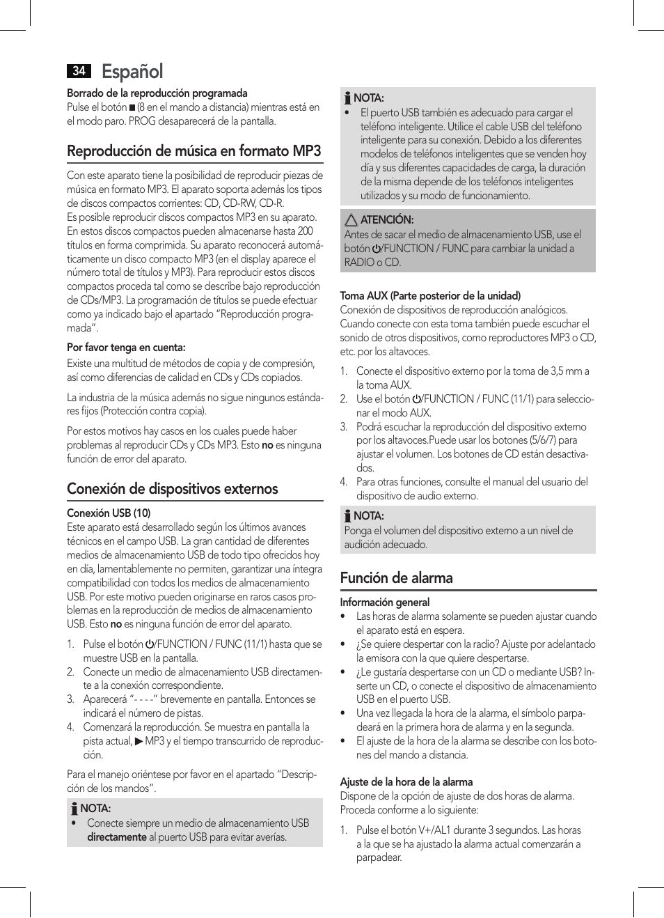 Español, Reproducción de música en formato mp3, Conexión de dispositivos externos | Función de alarma | AEG MC 4461 BT schwarz User Manual | Page 34 / 54