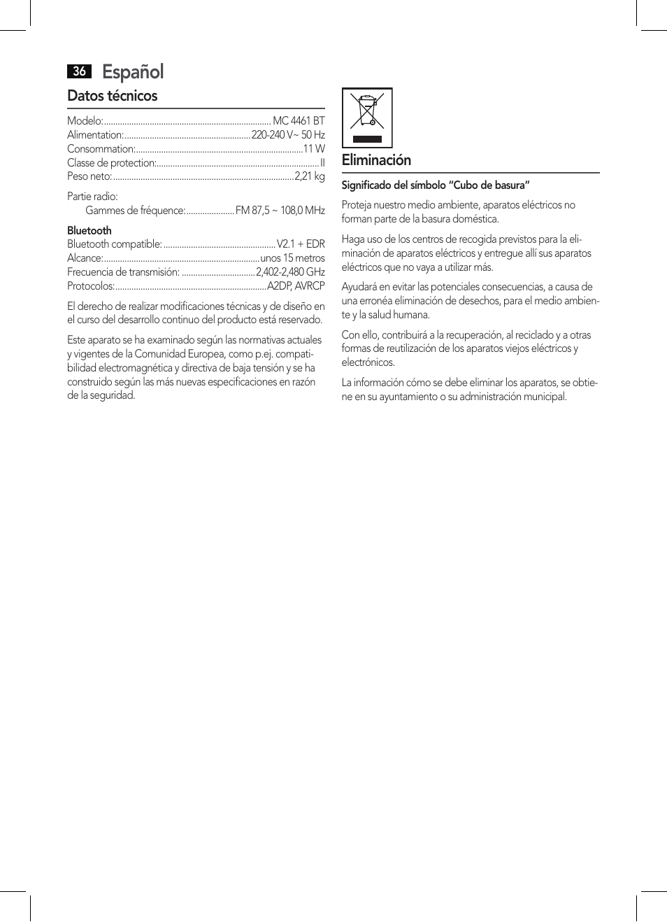 Español | AEG MC 4461 BT schwarz User Manual | Page 36 / 54