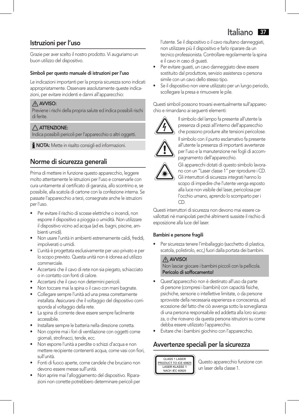 Italiano, Istruzioni per l’uso, Norme di sicurezza generali | Avvertenze speciali per la sicurezza | AEG MC 4461 BT schwarz User Manual | Page 37 / 54