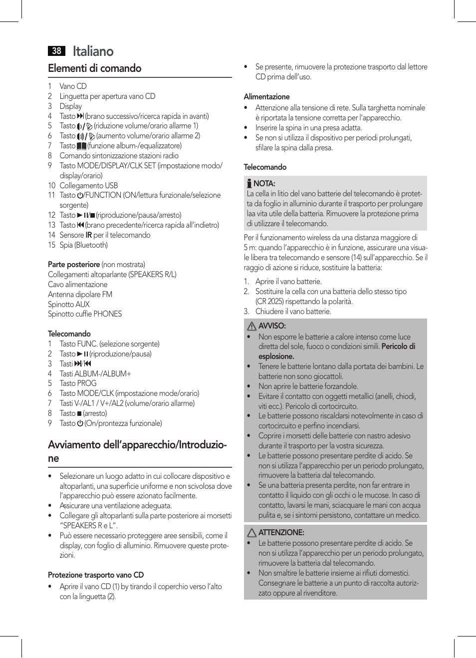 Italiano, Elementi di comando, Avviamento dell’apparecchio/introduzio- ne | AEG MC 4461 BT schwarz User Manual | Page 38 / 54