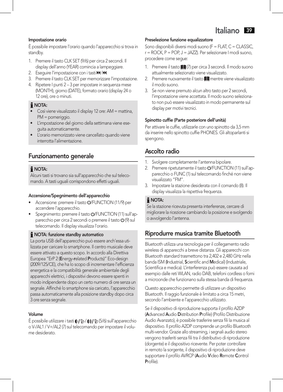 Italiano, Funzionamento generale, Ascolto radio | Riprodurre musica tramite bluetooth | AEG MC 4461 BT schwarz User Manual | Page 39 / 54