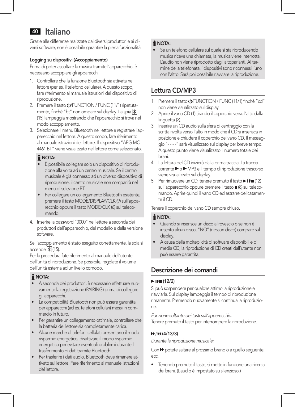 Italiano, Lettura cd/mp3, Descrizione dei comandi | AEG MC 4461 BT schwarz User Manual | Page 40 / 54