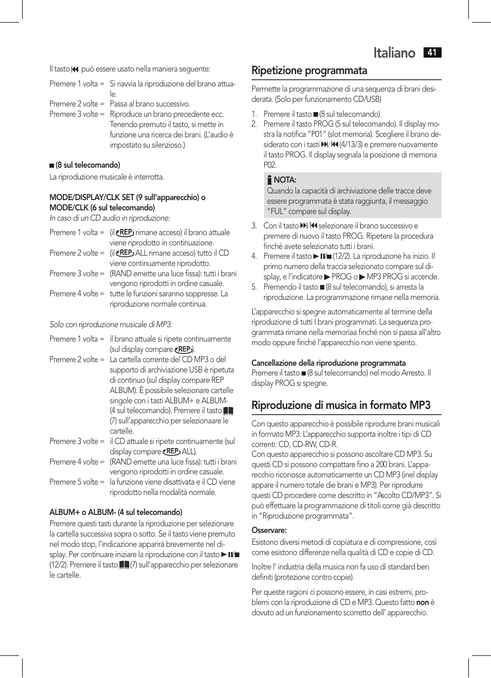 Italiano, Ripetizione programmata, Riproduzione di musica in formato mp3 | AEG MC 4461 BT schwarz User Manual | Page 41 / 54