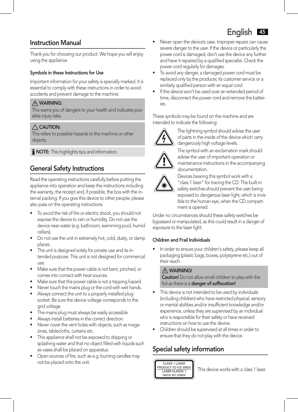 English, Instruction manual, General safety instructions | Special safety information | AEG MC 4461 BT schwarz User Manual | Page 45 / 54