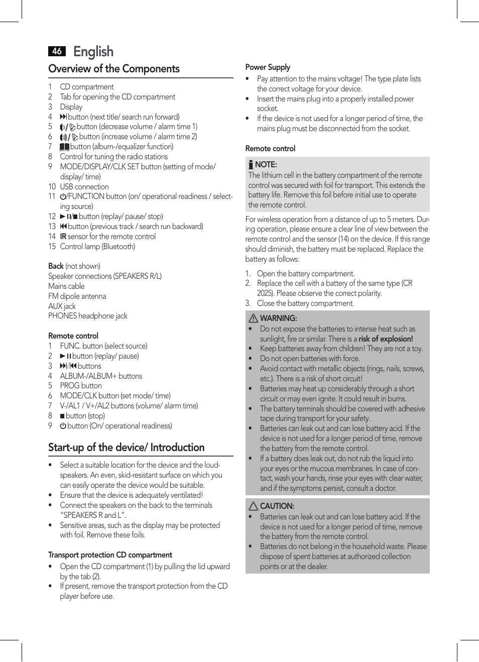 English, Overview of the components, Start-up of the device/ introduction | AEG MC 4461 BT schwarz User Manual | Page 46 / 54