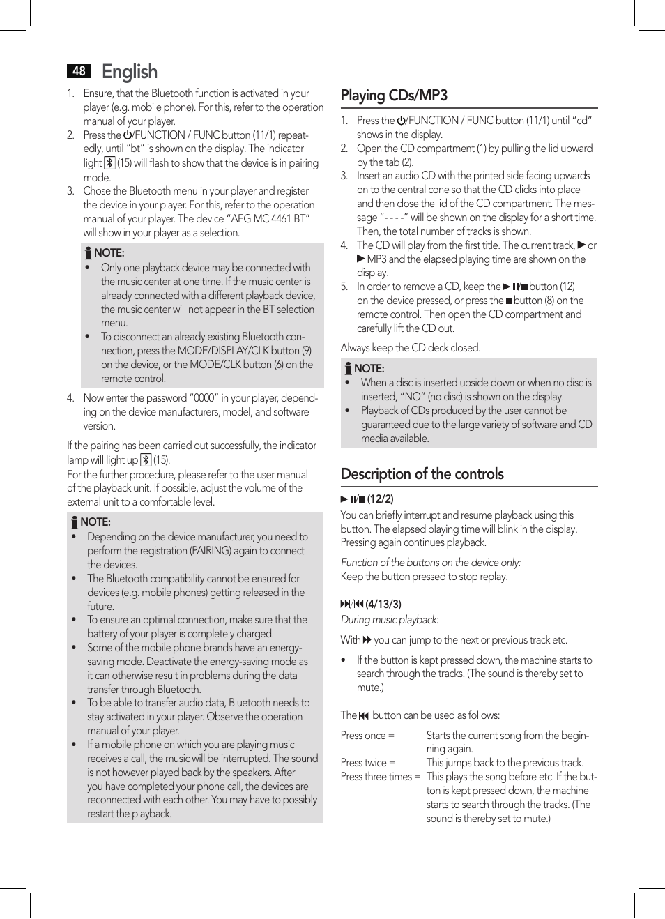 English, Playing cds/mp3, Description of the controls | AEG MC 4461 BT schwarz User Manual | Page 48 / 54