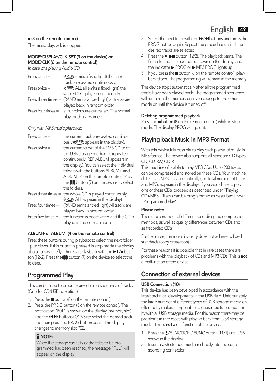 English, Programmed play, Playing back music in mp3 format | Connection of external devices | AEG MC 4461 BT schwarz User Manual | Page 49 / 54