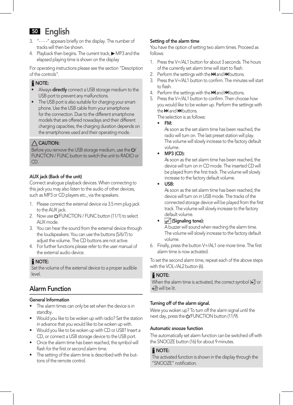 English, Alarm function | AEG MC 4461 BT schwarz User Manual | Page 50 / 54