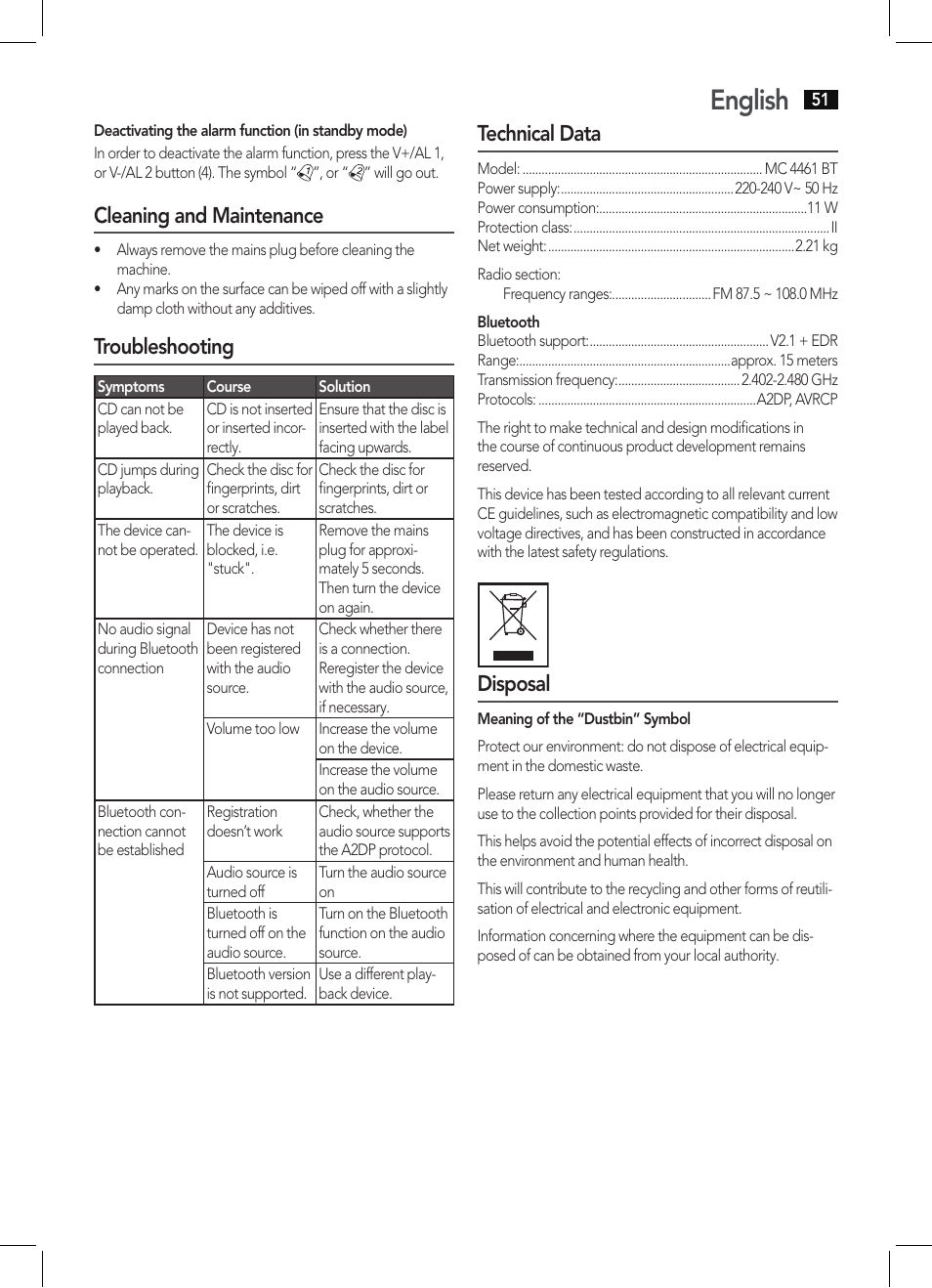 English, Cleaning and maintenance, Troubleshooting | Technical data, Disposal | AEG MC 4461 BT schwarz User Manual | Page 51 / 54