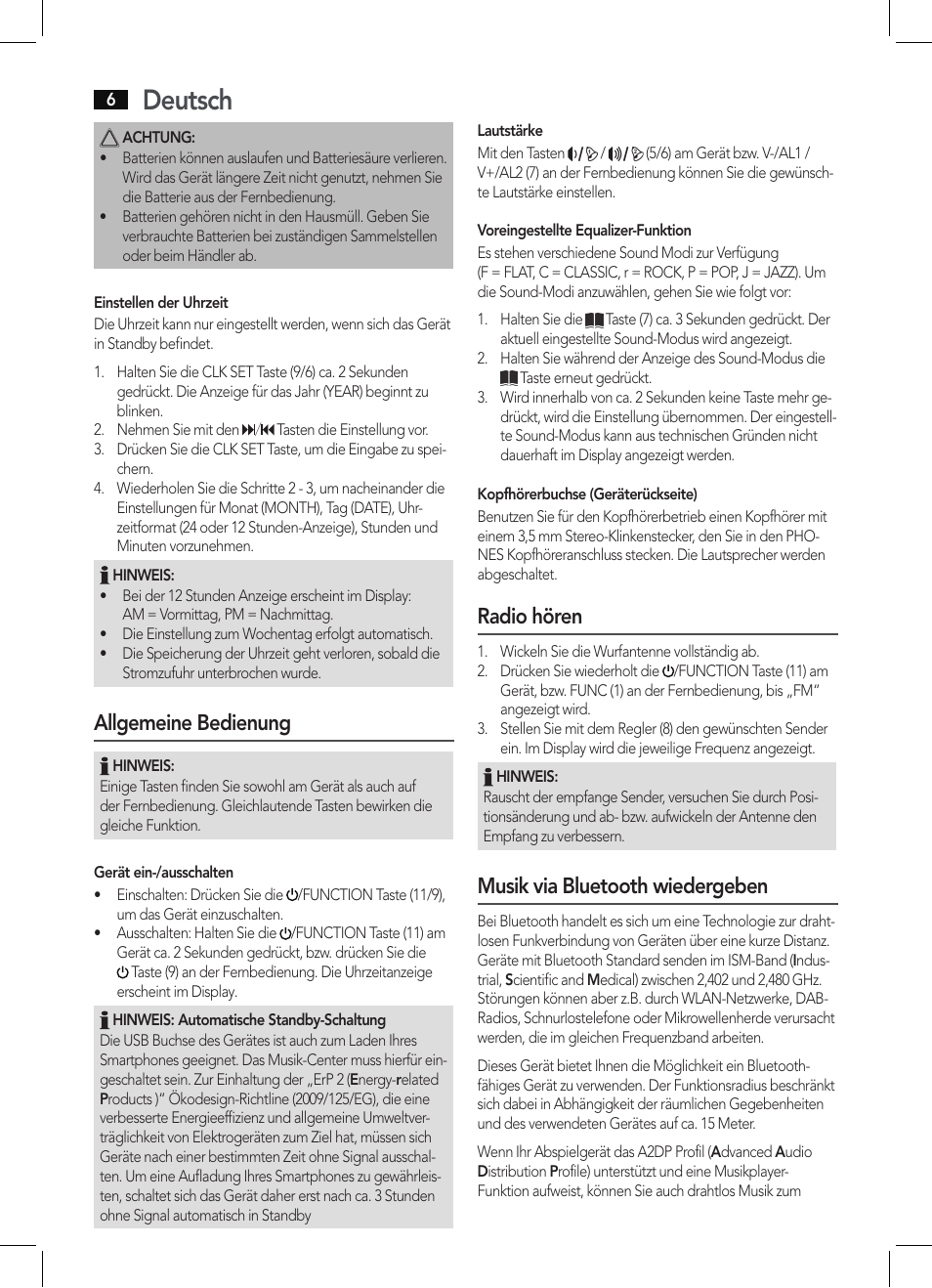 Deutsch, Allgemeine bedienung, Radio hören | Musik via bluetooth wiedergeben | AEG MC 4461 BT schwarz User Manual | Page 6 / 54