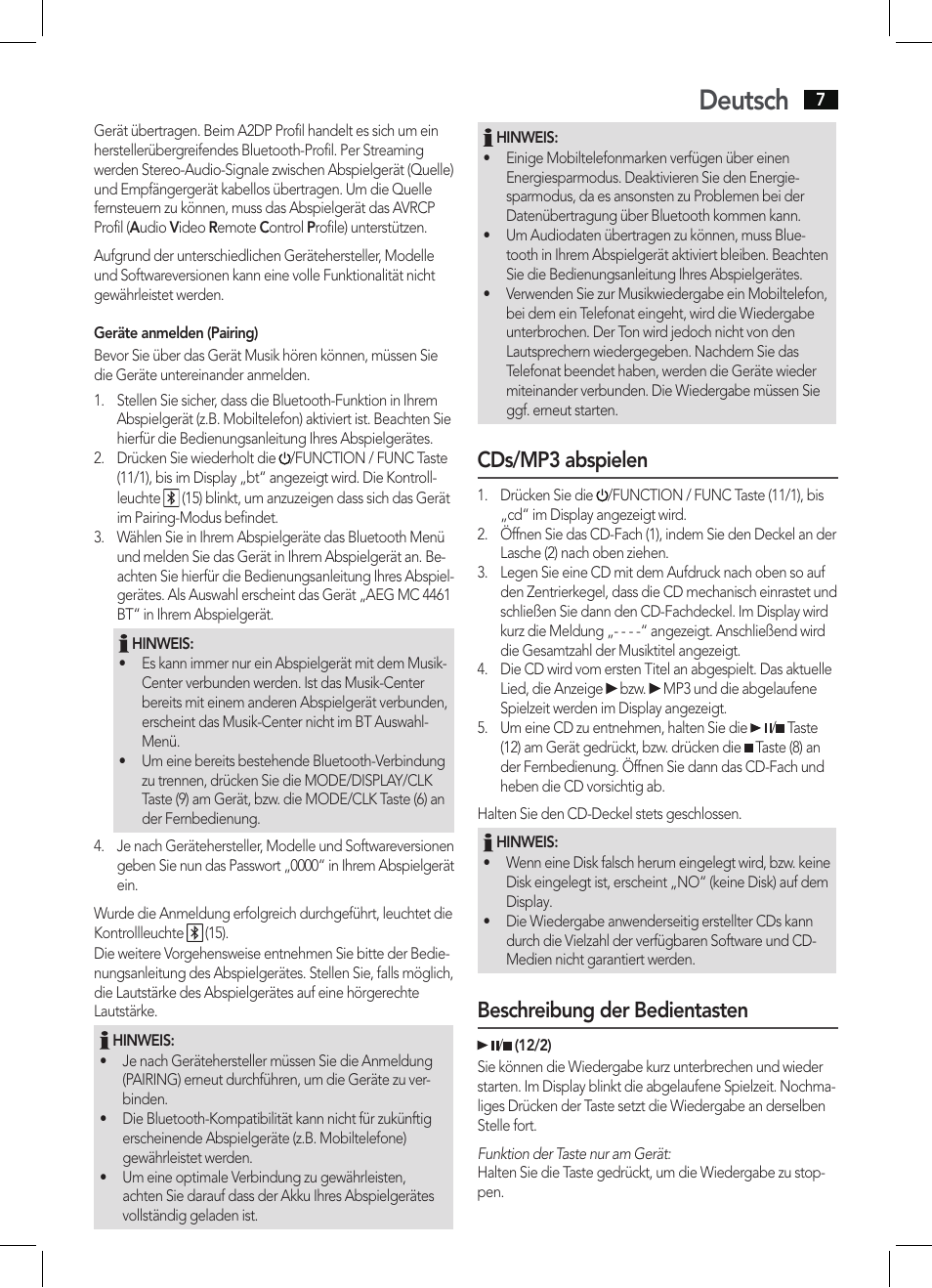 Deutsch, Cds/mp3 abspielen, Beschreibung der bedientasten | AEG MC 4461 BT schwarz User Manual | Page 7 / 54