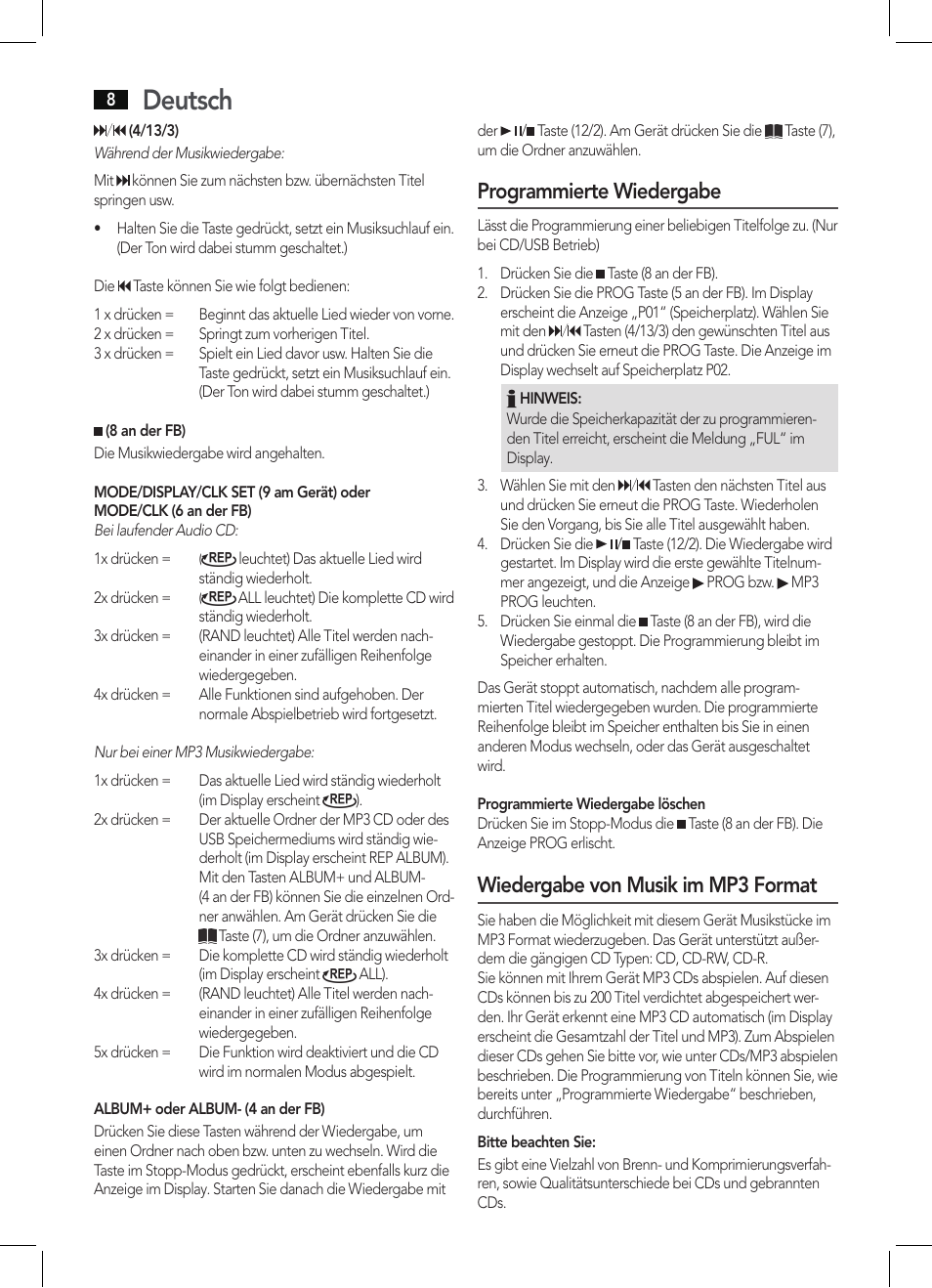 Deutsch, Programmierte wiedergabe, Wiedergabe von musik im mp3 format | AEG MC 4461 BT schwarz User Manual | Page 8 / 54