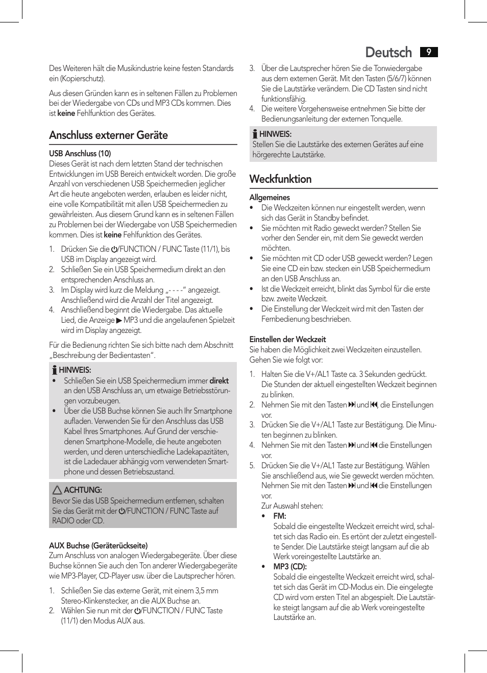 Deutsch, Anschluss externer geräte, Weckfunktion | AEG MC 4461 BT schwarz User Manual | Page 9 / 54