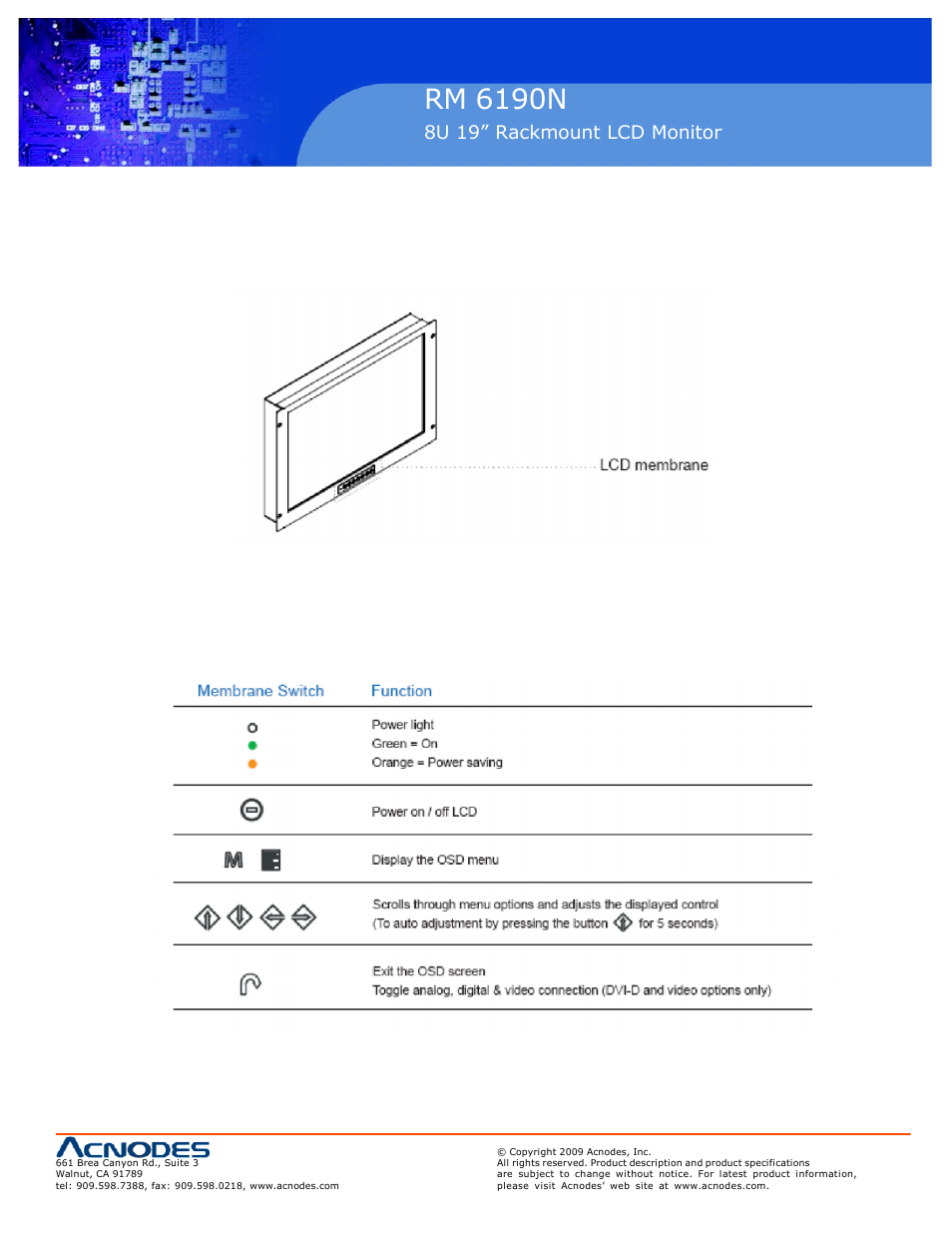 Rm 6190n, 1 on-screen display operation chapter 3, 8u 19” rackmount lcd monitor | Acnodes RACKMOUNT RM 6190N User Manual | Page 11 / 20