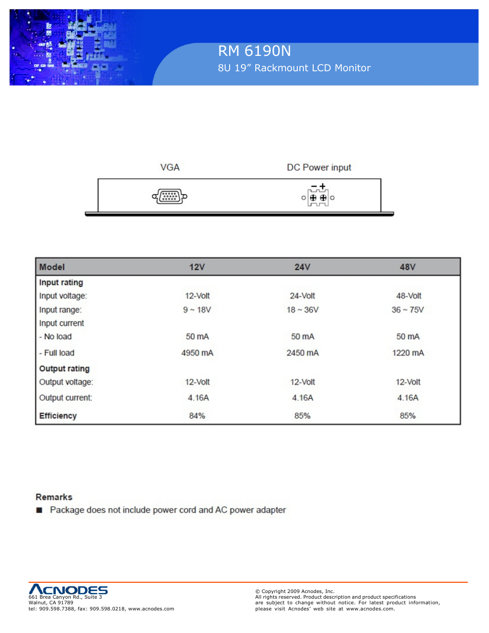 Rm 6190n, 6 dc power options, 8u 19” rackmount lcd monitor | Acnodes RACKMOUNT RM 6190N User Manual | Page 19 / 20